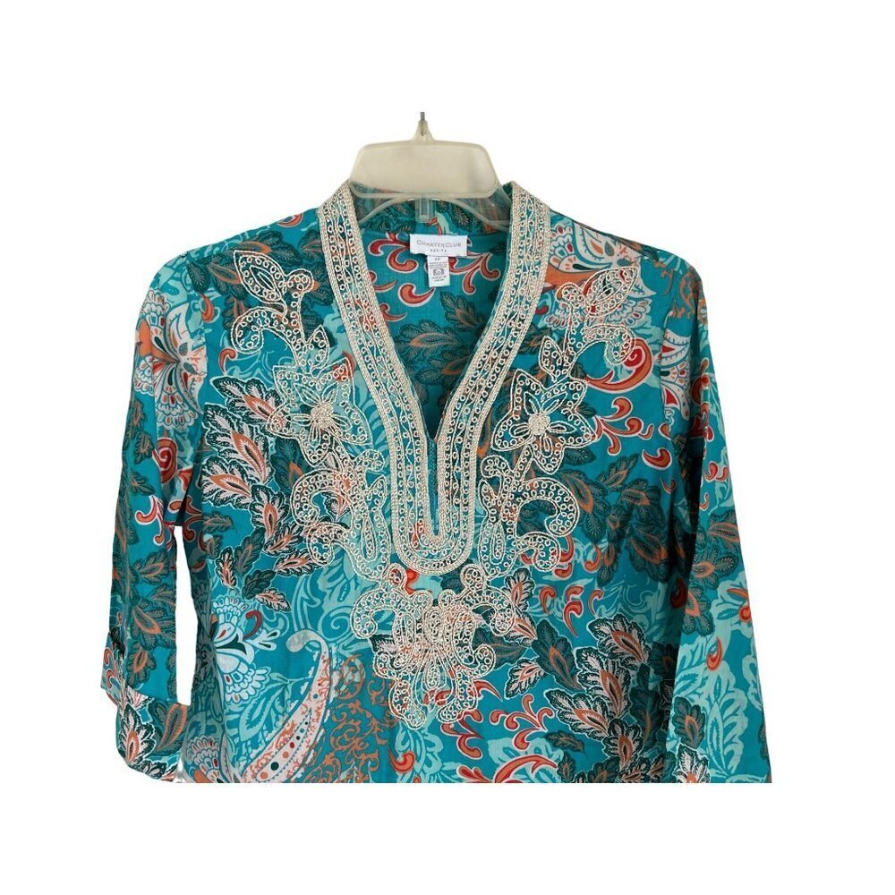 Charter Club Tunic Top Blouse Cotton Embroidered Paisley Size Small - Picture 4 of 6